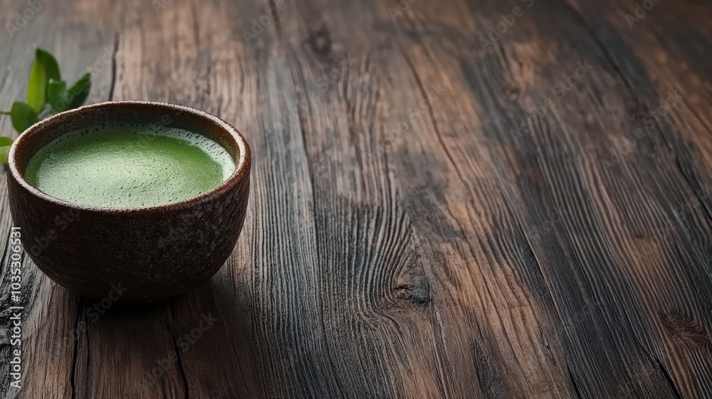 A rustic wooden surface showcases a small bowl of vibrant green liquid, possibly matcha or herbal tea, accompanied by a fresh leaf. A rustic wooden surface showcases a small bowl of vibrant green liquid, possibly matcha or herbal tea, accompanied by a fresh leaf.