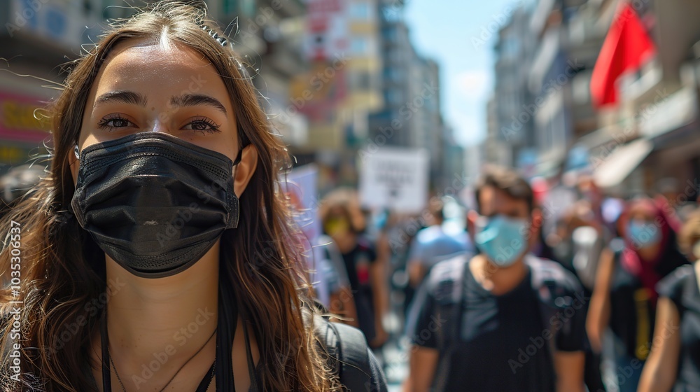 A young woman wearing a face mask looks directly at the camera as she walks in a crowd of people. A young woman wearing a face mask looks directly at the camera as she walks in a crowd of people.