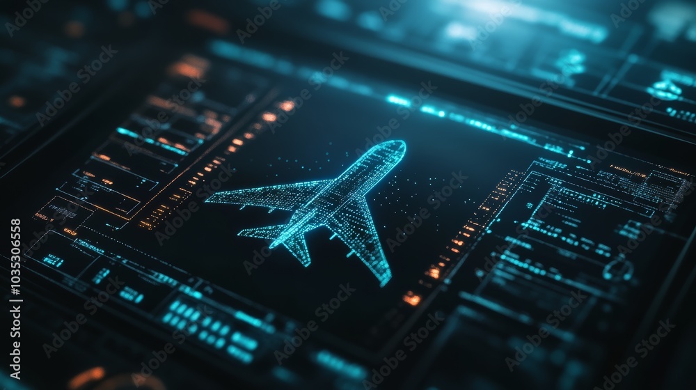 Advanced digital airplane is displayed on a screen with various data, hinting at a cutting edge approach to travel and transport management in the future Advanced digital airplane is displayed on a screen with various data, hinting at a cutting edge approach to travel and transport management in the future