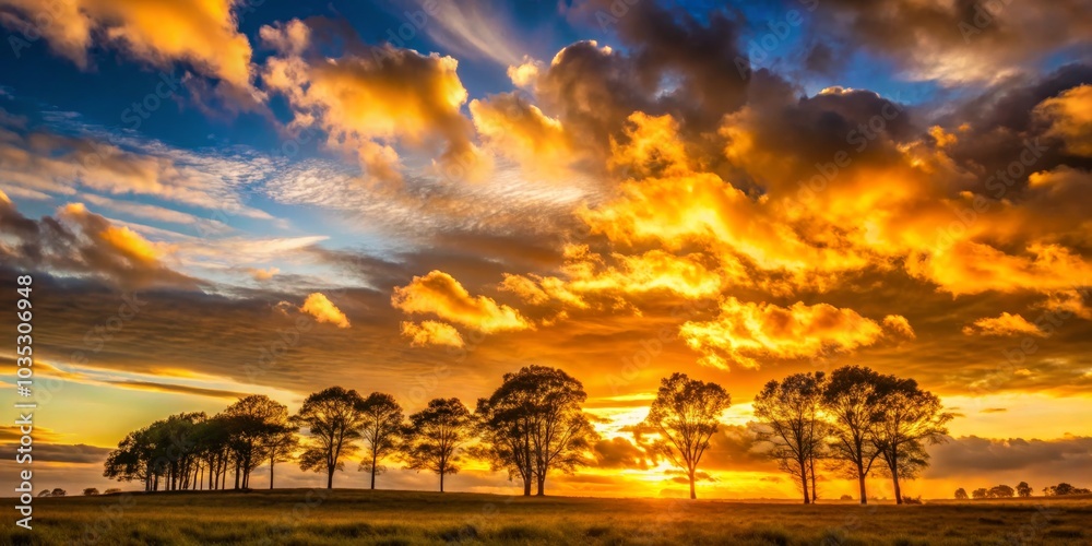 Obraz premium Golden Hour Sunset with Silhouetted Trees, nature , landscape