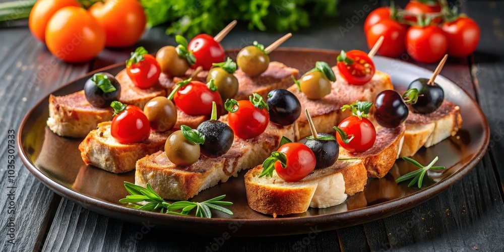 Gourmet Appetizer with Tomato, Olive and Bread Toasts on Brown Plate, appetizer, finger food Gourmet Appetizer with Tomato, Olive and Bread Toasts on Brown Plate, appetizer, finger food