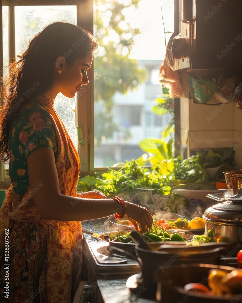 Indian woman preparing traditional meal with colorful spices and vegetables in a sunlit kitchen
