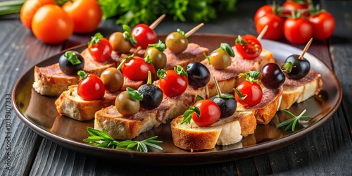 Gourmet Appetizer with Tomato, Olive and Bread Toasts on Brown Plate, appetizer, finger food