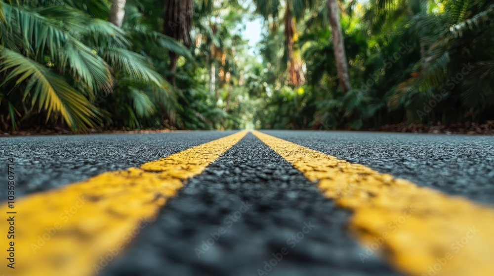 A perspective shot of a tropical road enclosed by vibrant greenery, marked by yellow lines, evoking a sense of adventure and natural beauty. A perspective shot of a tropical road enclosed by vibrant greenery, marked by yellow lines, evoking a sense of adventure and natural beauty.