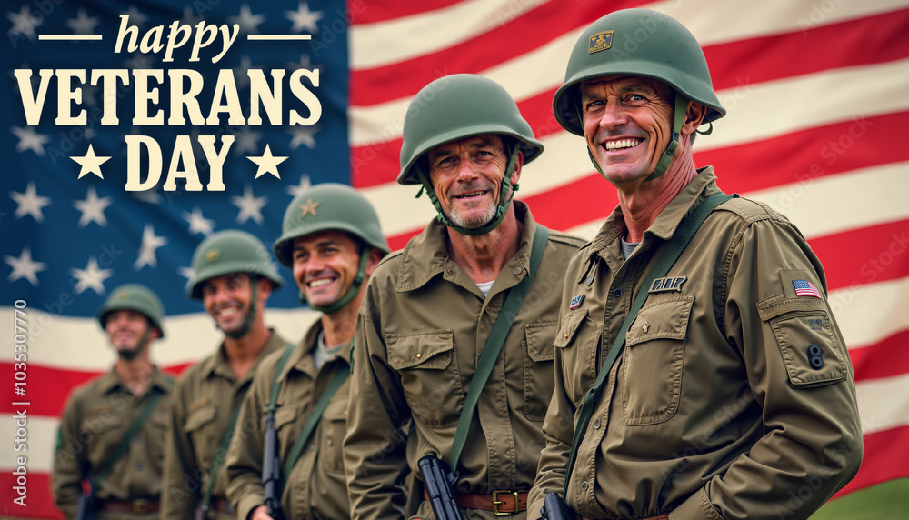 An image of four veterans in military uniform standing in front of a waving American flag with the text An image of four veterans in military uniform standing in front of a waving American flag with the text