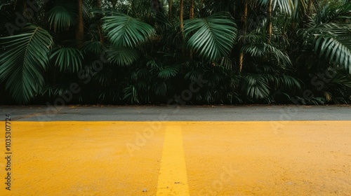 An urban road with a bright yellow line lies empty, bordered by thick tropical foliage, symbolizing a peaceful interlude amidst the bustling city life. photo