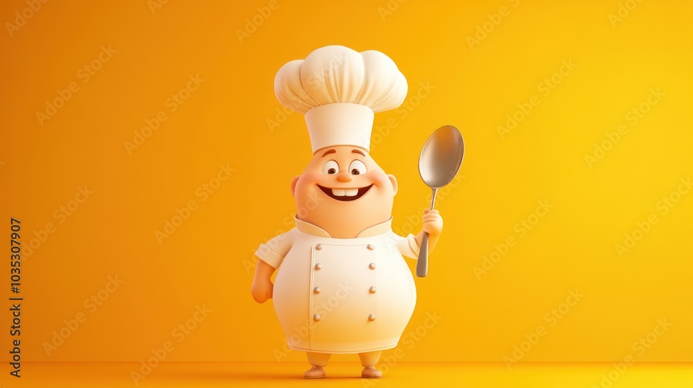 A Cartoon Chef Character Holding a Spoon Against a Yellow Background A Cartoon Chef Character Holding a Spoon Against a Yellow Background