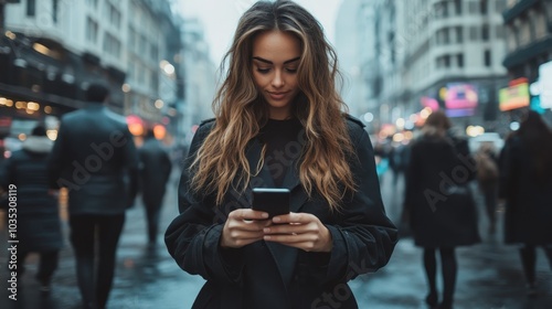 A young woman with flowing hair uses her smartphone amidst a bustling urban environment, capturing the essence of modern connectivity and city life.