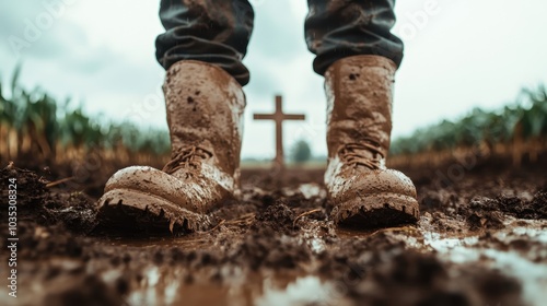 A close-up of mud-covered boots standing in a muddy field with a wooden cross in the background, emphasizing the harshness of rural life and spirituality.