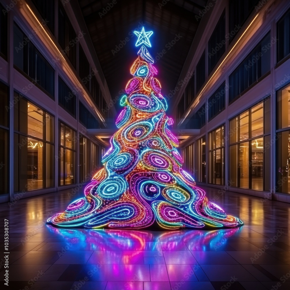 Neon-lit Christmas tree floating in space station with psychedelic planet view
