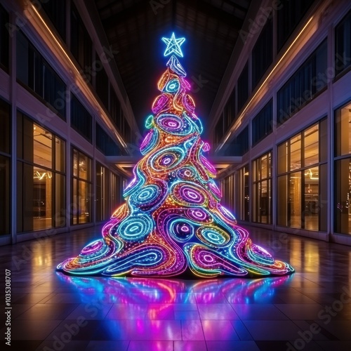 Obraz na płótnie Neon-lit Christmas tree floating in space station with psychedelic planet view
w salonie