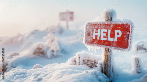 A red sign with the word 'HELP' written in white, is covered in frost and snow, standing in a snowy landscape.