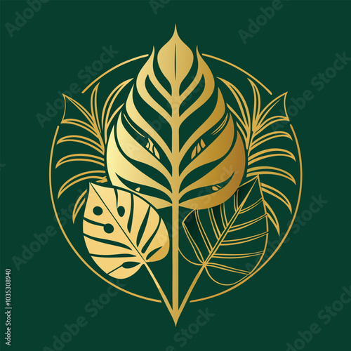 Luxury green background with golden split-leaf Philodendron and Monstera line art, elegant design.