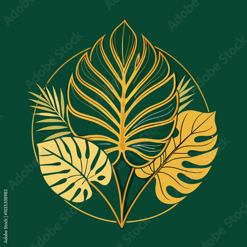 Luxury green background with golden split-leaf Philodendron and Monstera line art, elegant design.