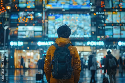 Man with backpack gazing at bright city lights