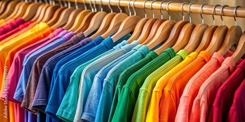 Rainbow of T-Shirts on Wooden Hangers, Fashion , Retail