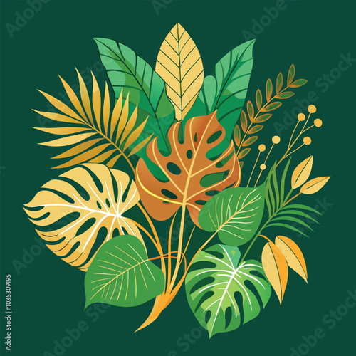 Luxury green background with golden split-leaf Philodendron and Monstera line art, elegant design.