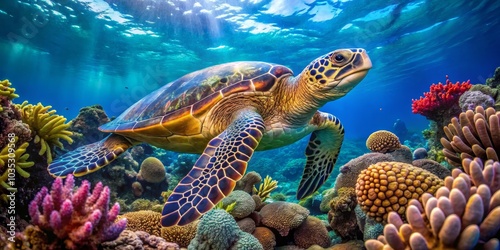 Fototapeta Naklejka Na Ścianę i Meble -  Sea Turtle Gracefully Navigating a Coral Reef, Underwater Photography, marine life, coral reef