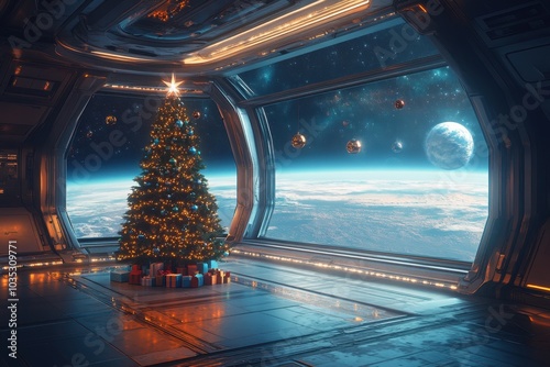 Obraz na płótnie Futuristic Christmas tree with glowing space-themed ornaments in a space station
w salonie