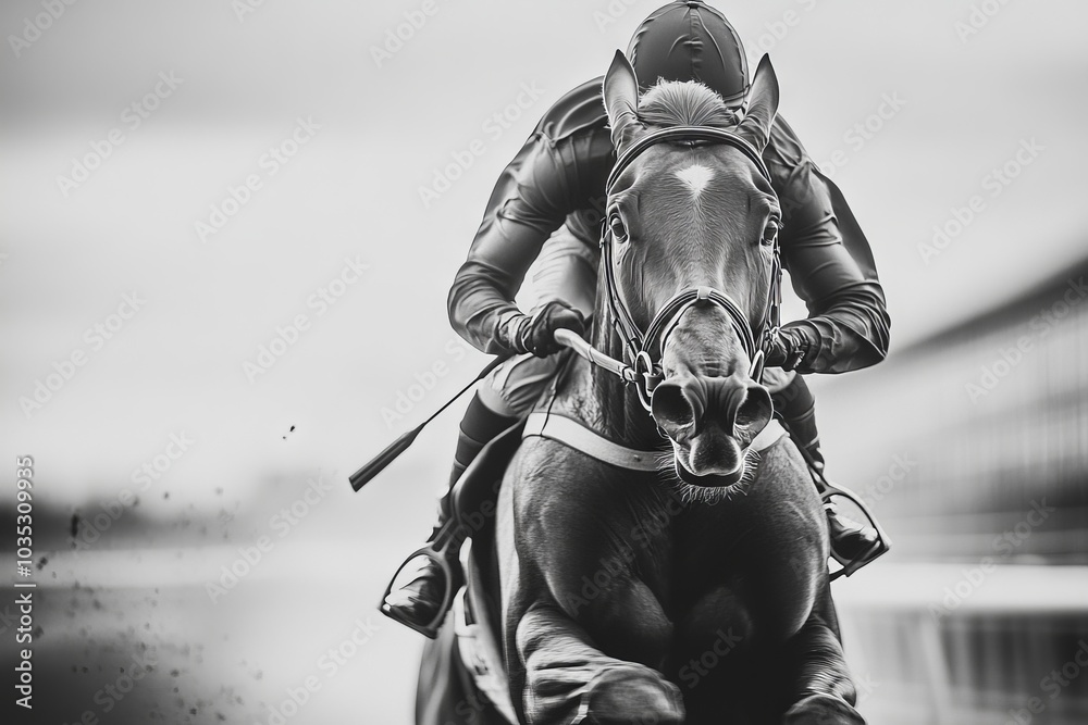 Fototapeta premium Jockey races on a horse, black & white