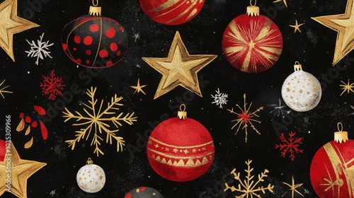 A seamless pattern of festive baubles, stars, and snowflakes, perfect for capturing the sparkle of the holiday season