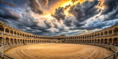Spanish Bullfighting Arena Under Dramatic Sky, Spain, Bullfighting, Arena