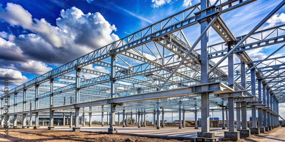 Steel Frame Construction Under a Cloudy Sky, construction, architecture, building