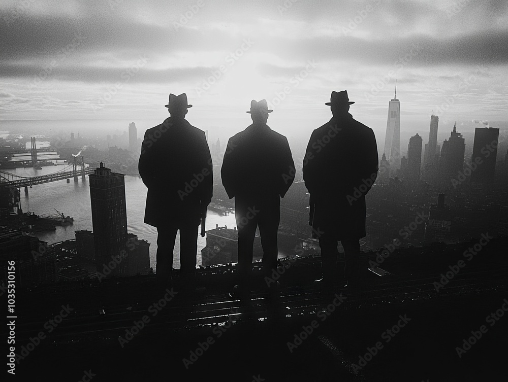 Three men in fedoras stand silhouetted against a cityscape. Three men in fedoras stand silhouetted against a cityscape.