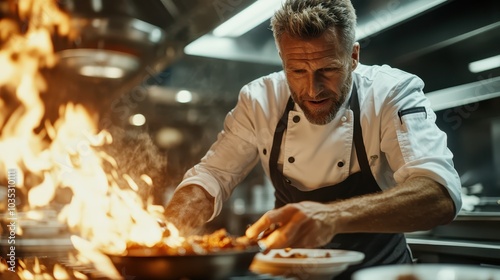Fototapeta Naklejka Na Ścianę i Meble -  A professional chef expertly flambés dishes in a high-end kitchen, showcasing culinary skills and passion for gastronomy in an intense, creative cooking environment.