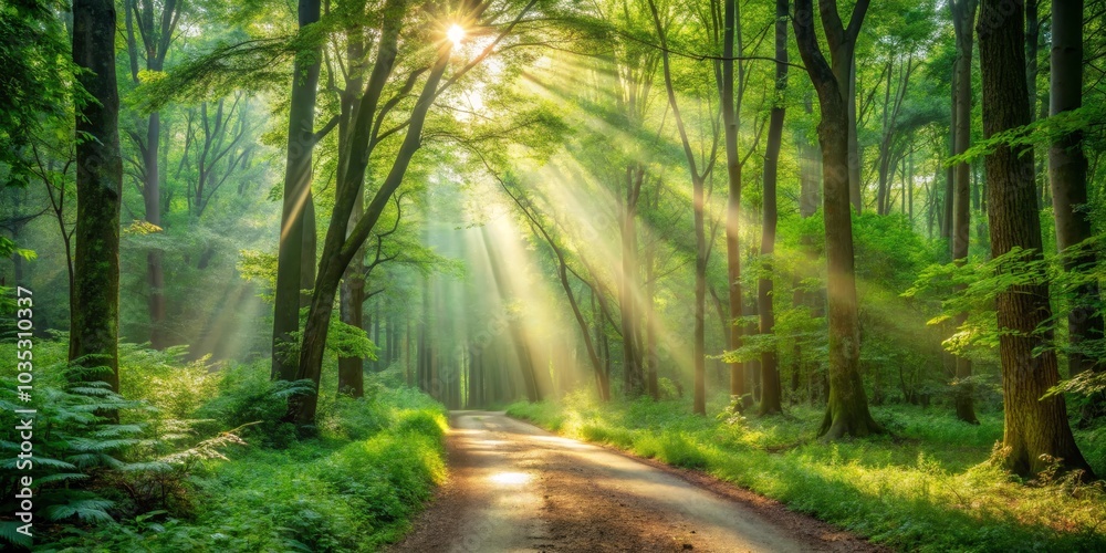 Obraz premium Sunbeams Through the Forest Trees, Path, Nature ,forest