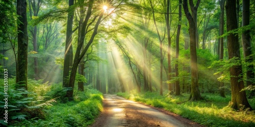 Sunbeams Through the Forest Trees, Path, Nature ,forest