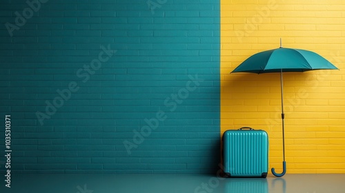 A stylish teal suitcase stands beside a matching umbrella against a bold yellow and teal wall, creating a modern and fashionable aesthetic with a striking contrast. photo