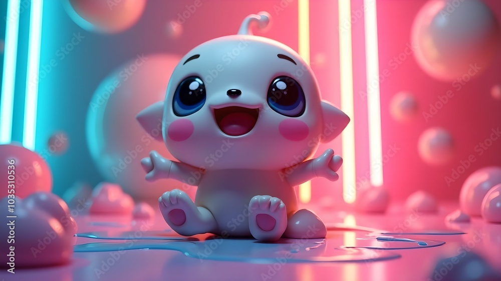 Cute cartoon 3d character, paint drops on pink abstract background, neon lighting Cute cartoon 3d character, paint drops on pink abstract background, neon lighting