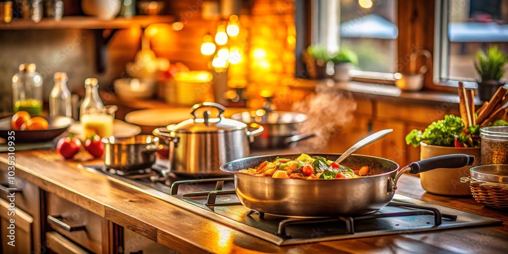 Warm Kitchen with Steaming Pan, Food Preparation, Home Cooking, Kitchen Design, Dinner, Cooking, Recipe