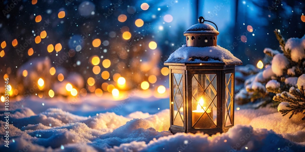 Warm Glow Lantern in Snow with Bokeh Lights, winter, christmas Warm Glow Lantern in Snow with Bokeh Lights, winter, christmas
