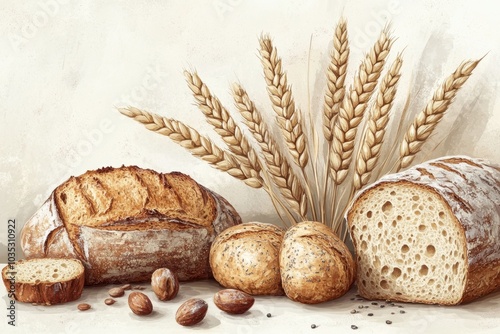 Illustration of wheat sheaves and rustic bread loaves for artisanal bakery packaging

