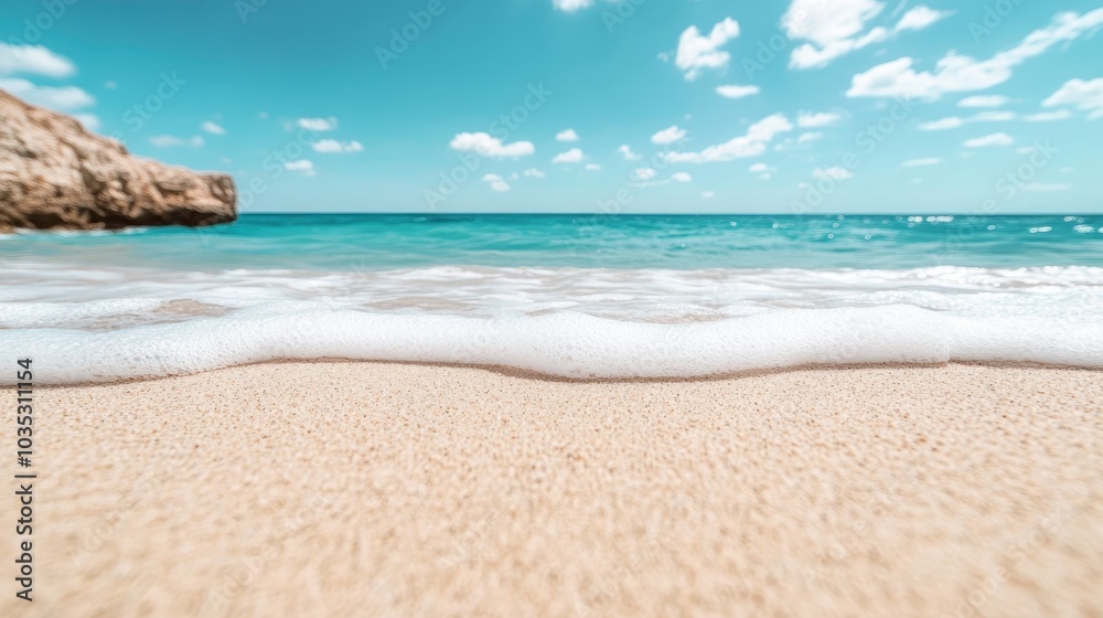 The image captures a serene beach where gentle ocean waves lap against a golden sandy shore under a tranquil sky with soft clouds, symbolizing peace and relaxation. The image captures a serene beach where gentle ocean waves lap against a golden sandy shore under a tranquil sky with soft clouds, symbolizing peace and relaxation.