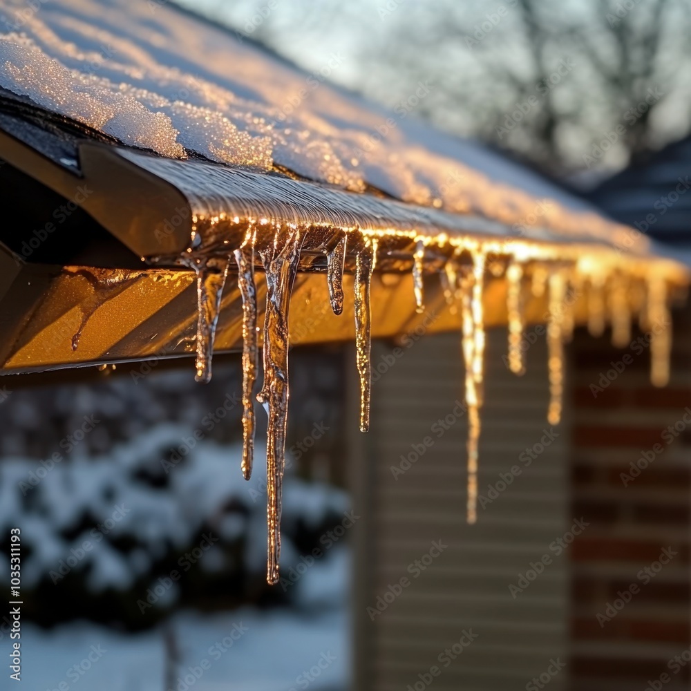 Snow melting from roof with water dripping into metal gutter and icicles hanging from eaves
