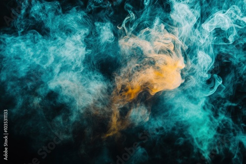 Whiffs of green glowing smoke and swirls of aromatic colorful incense against a Black background. Dramatic haze effect for a spooky Halloween background. with generative ai