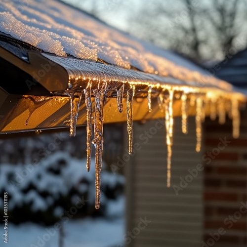 Obraz na płótnie Snow melting from roof with water dripping into metal gutter and icicles hanging from eaves
w salonie