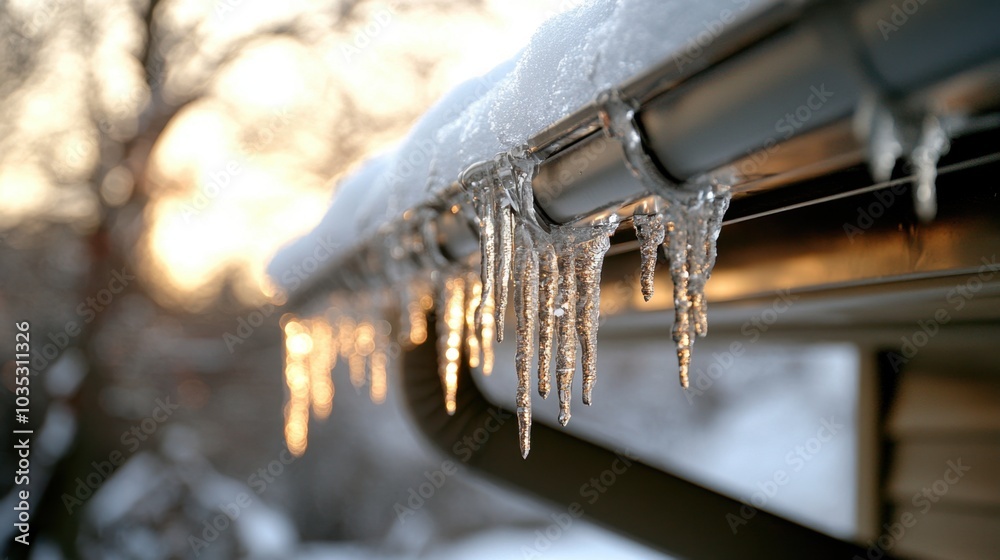 Snow melting from roof with water dripping into metal gutter and icicles hanging from eaves