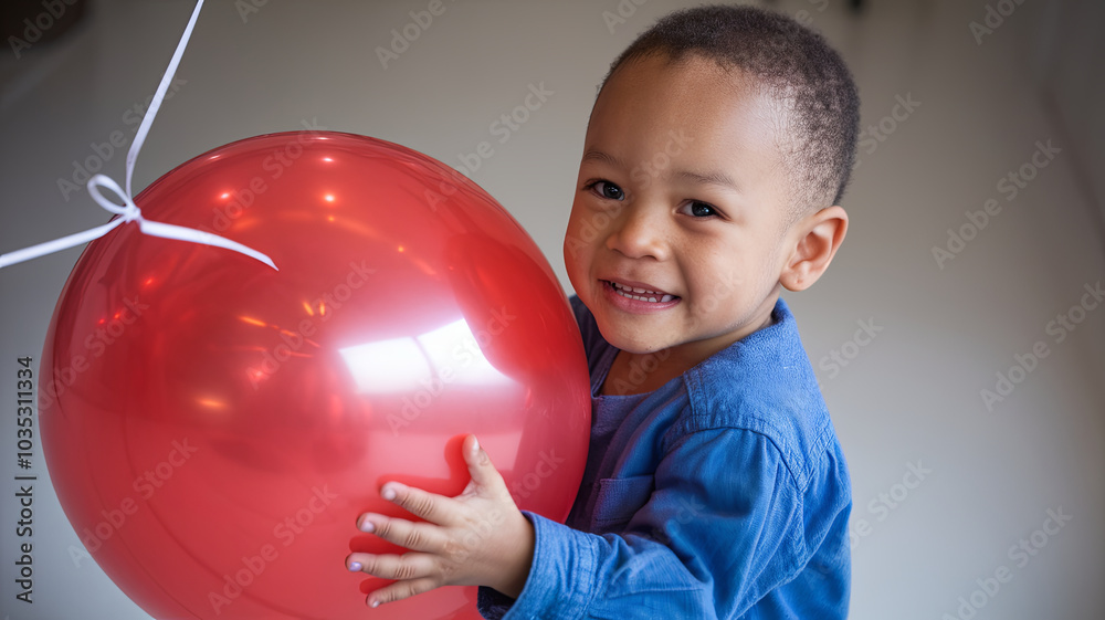 joyful child is holding large bright red ball, showcasing cheerful expression. scene captures innocence and happiness of childhood playtime joyful child is holding large bright red ball, showcasing cheerful expression. scene captures innocence and happiness of childhood playtime