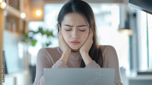 Woman holding sore neck while using notebook computer. She sitting at table. Sick worker concept