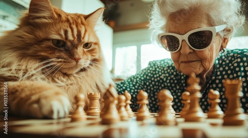 A focused elderly woman in white sunglasses plays chess with her attentive cat, highlighting a moment of concentration and companionship in a sunny room. photo