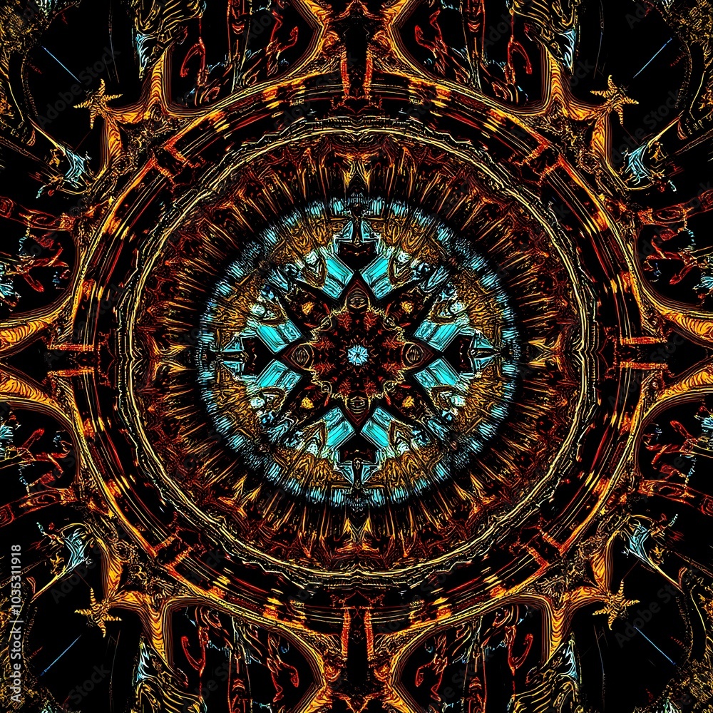 Obraz premium Psychedelic Fractal Mandala Abstract with Cosmic Symmetry and Kaleidoscopic Patterns for Meditation and Altered Consciousness Visualization