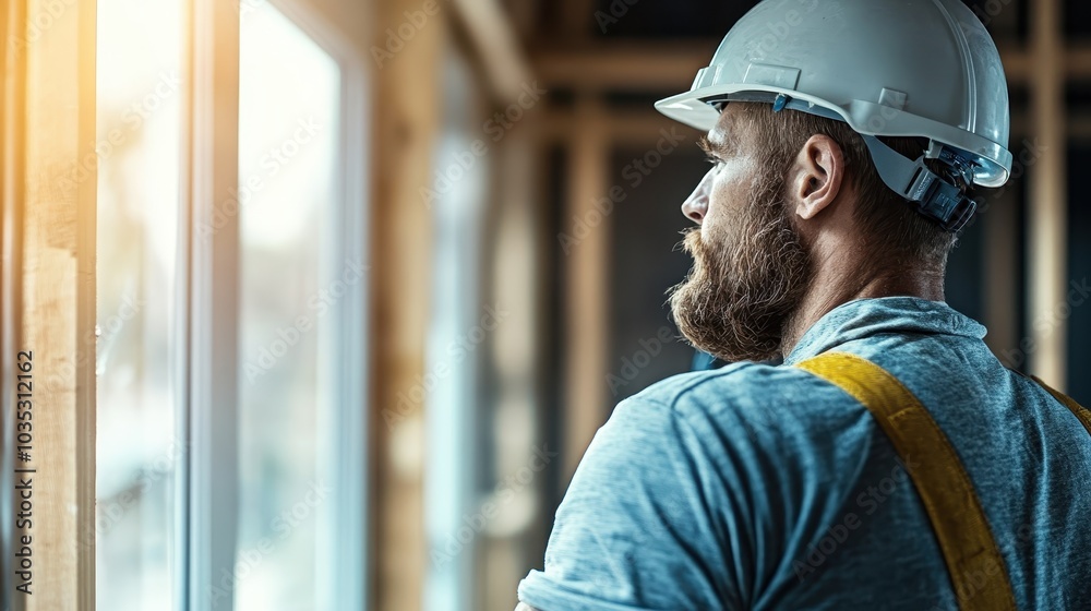 A bearded construction worker wearing a hard hat and grey t-shirt gazes through a bright window, highlighting themes of work, anticipation, and hope in the future. A bearded construction worker wearing a hard hat and grey t-shirt gazes through a bright window, highlighting themes of work, anticipation, and hope in the future.