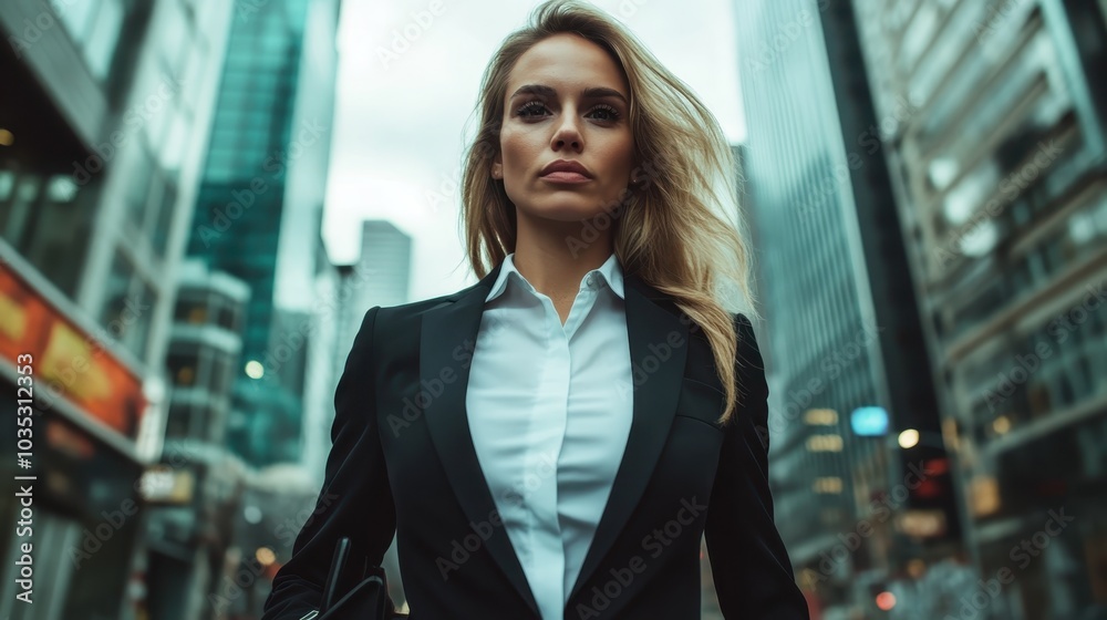 A strong and confident woman in a business suit stands in the middle of a busy city street, the background full of skyscrapers, embodying leadership and empowerment. A strong and confident woman in a business suit stands in the middle of a busy city street, the background full of skyscrapers, embodying leadership and empowerment.