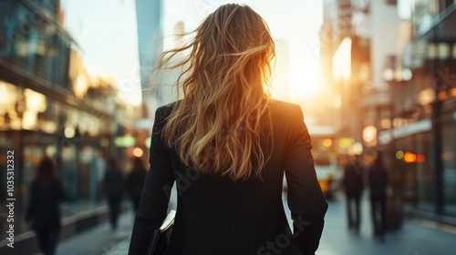 A woman in a business suit walks confidently towards the setting sun, surrounded by a bustling cityscape, capturing the essence of success and determination.