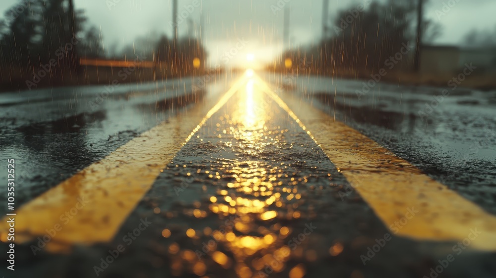 A rain-soaked road captured at sunrise, the glowing light mirrored on the wet surface, symbolizes new beginnings and the beauty of nature's cycles of renewal. A rain-soaked road captured at sunrise, the glowing light mirrored on the wet surface, symbolizes new beginnings and the beauty of nature's cycles of renewal.