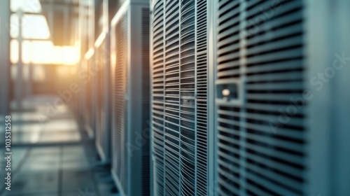 Rows of modern server stacks in a data center, bathed in sunlight, symbolize technological advancement, connectivity, and the digital world's role today.